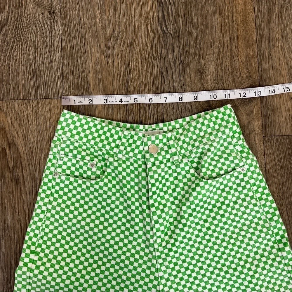 Shekou Women Size XS Linen Green Checkered Straight Leg High Waisted Trousers